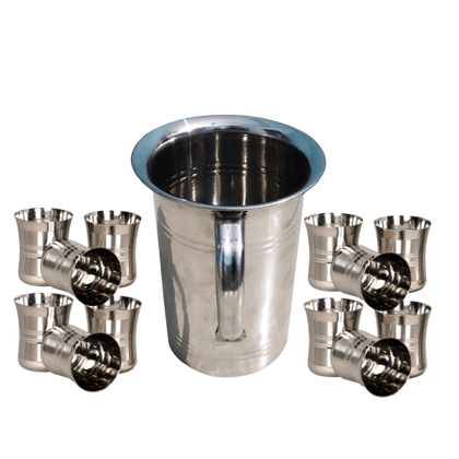 SHINI LIFESTYLE Steel floral design Jug and 12pc Laser design damru style glass, floral jug SHINI LIFESTYLE Steel floral design Jug and 12pc Laser design damru style glass, floral jug