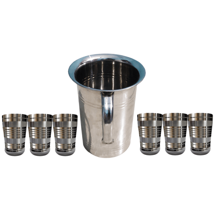 SHINI LIFESTYLE Steel floral design Jug and 6pc steel glass, Steel jug glass set, glass jug SHINI LIFESTYLE Steel floral design Jug and 6pc steel glass, Steel jug glass set, glass jug