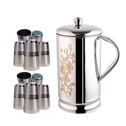 SHINI LIFESTYLE Stainless Steel Jug and Glass Set, 10pc Laser design glass, floral jug with lid SHINI LIFESTYLE Stainless Steel Jug and Glass Set, 10pc Laser design glass, floral jug with lid
