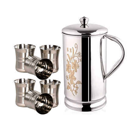 SHINI LIFESTYLE Steel floral design Jug and 6pc Laser design damru style glass, floral jug with lid SHINI LIFESTYLE Steel floral design Jug and 6pc Laser design damru style glass, floral jug with lid