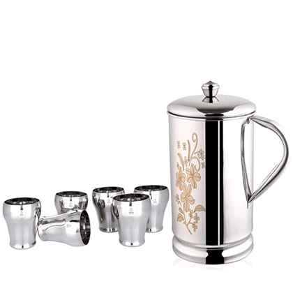 SHINI LIFESTYLE Steel floral design Jug with lid and 6pc premium matka glass, Steel jug glass set SHINI LIFESTYLE Steel floral design Jug with lid and 6pc premium matka glass, Steel jug glass set