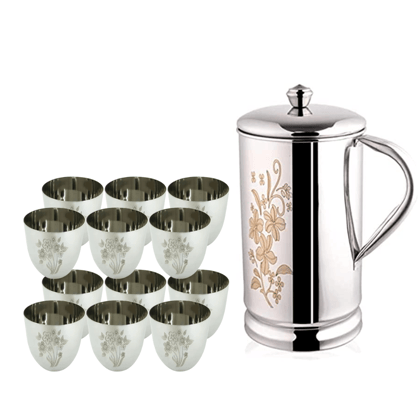 SHINI LIFESTYLE Steel floral design Jug with lid and 12pc premium floral glass, Steel jug glass set SHINI LIFESTYLE Steel floral design Jug with lid and 12pc premium floral glass, Steel jug glass set