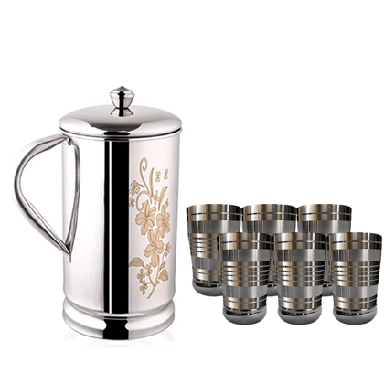 SHINI LIFESTYLE Steel floral design Jug with lid and 6pc steel glass, Steel jug glass set, glass jug SHINI LIFESTYLE Steel floral design Jug with lid and 6pc steel glass, Steel jug glass set, glass jug