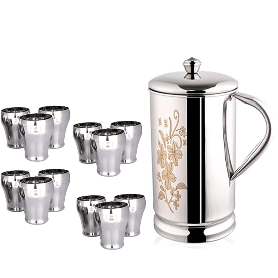 SHINI LIFESTYLE Steel floral design Jug with lid and 12pc premium matka glass, Steel jug glass set