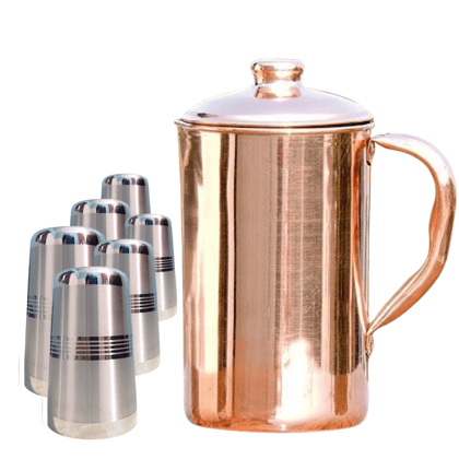 SHINI LIFESTYLE Pure Copper Jug and Premium quality steel Glass set,Water Jug,gilas set 7PC SHINI LIFESTYLE Pure Copper Jug and Premium quality steel Glass set,Water Jug,gilas set 7PC