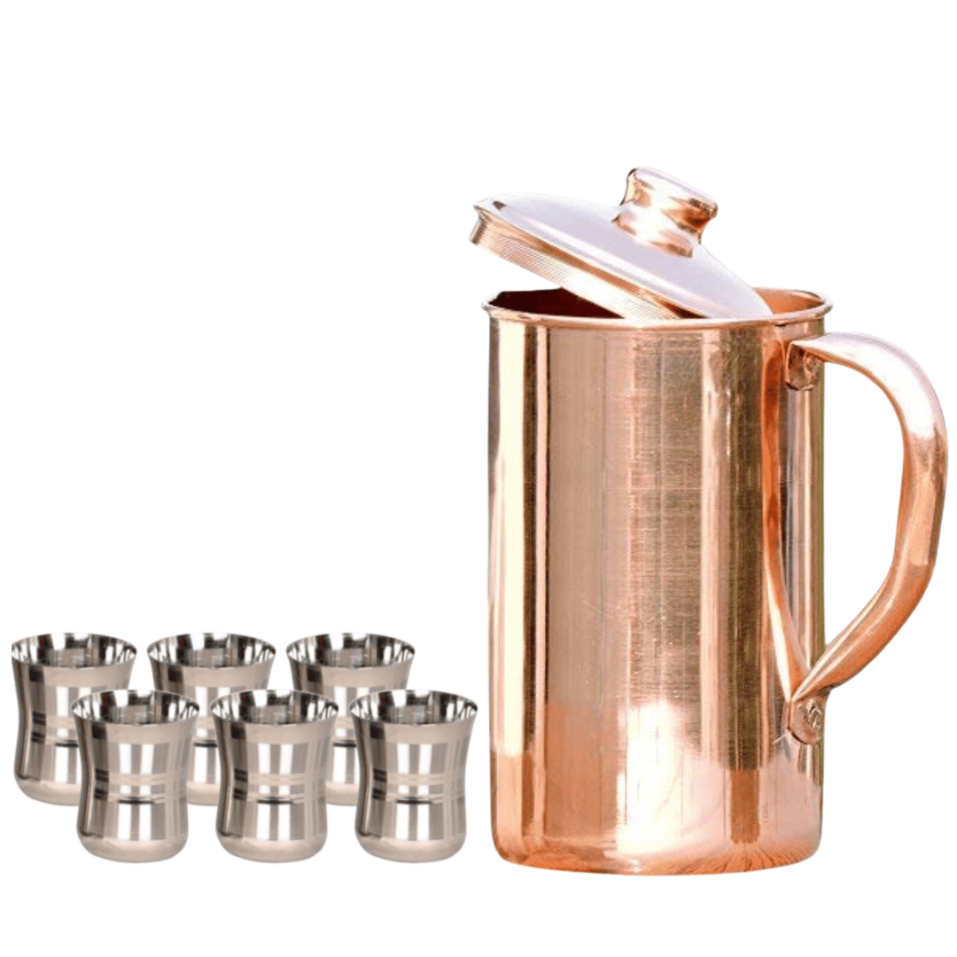 SHINI LIFESTYLE Pure Copper Jug Set and Premium quality,Water Jug, steel Glass set,Water Jug,gilas set 7PC