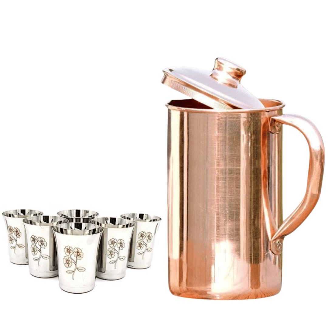 SHINI LIFESTYLE Copper Jug Set and Premium quality steel Glass set,Water Jug,gilas set 7PC