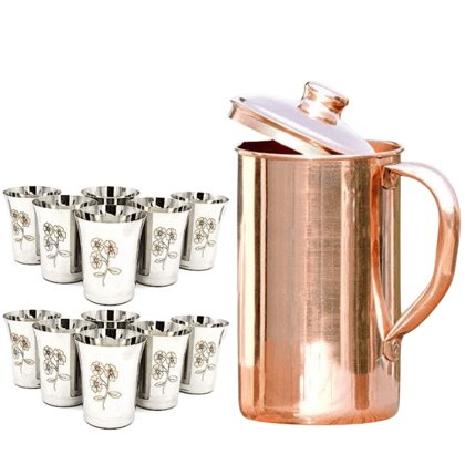 SHINI LIFESTYLE Pure Copper Jug Set and best quality steel Glass set,Water Jug,gilas set 13PC SHINI LIFESTYLE Pure Copper Jug Set and best quality steel Glass set,Water Jug,gilas set 13PC