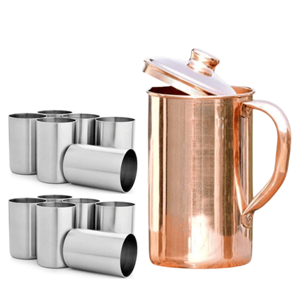 SHINI LIFESTYLE Pure Copper Jug Set and Premium quality steel Glass set,Water Jug,gilas 13PC SHINI LIFESTYLE Pure Copper Jug Set and Premium quality steel Glass set,Water Jug,gilas 13PC