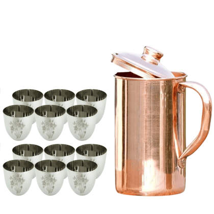 SHINI LIFESTYLE Pure Copper Jug Set and Premium quality steel Glass set,Water Jug,gilas set 13PC SHINI LIFESTYLE Pure Copper Jug Set and Premium quality steel Glass set,Water Jug,gilas set 13PC
