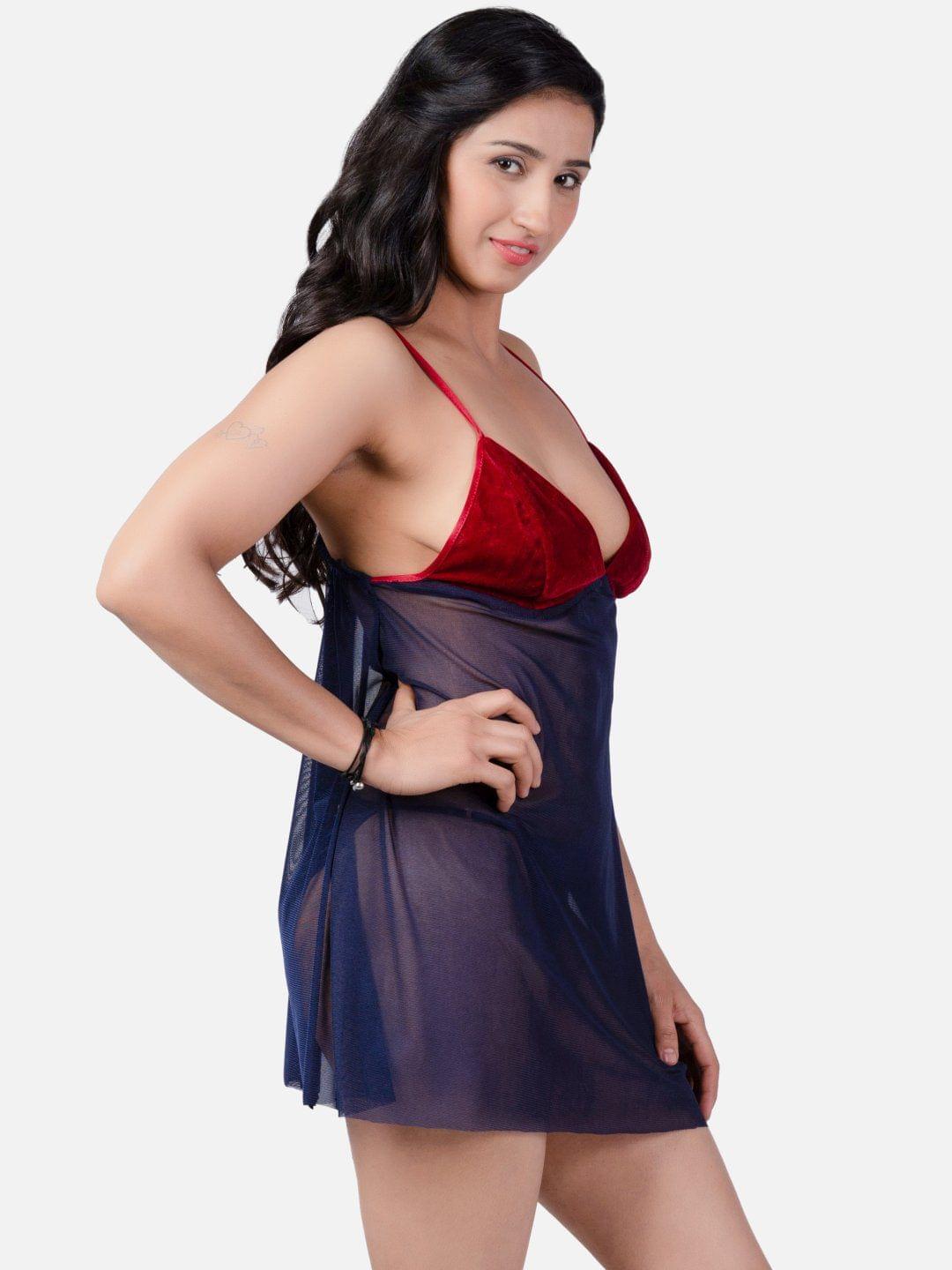 Sheer Net Hot Navy Blue Babydoll Bikini Night Dress for Honeymoon K8MN