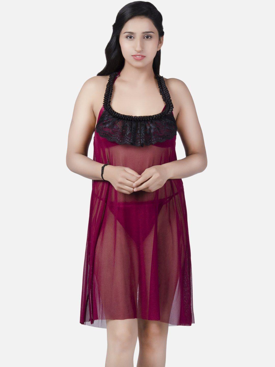 Sheer Net Hot Wine Babydoll Bikini Night Dress for Honeymoon K7KW