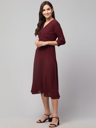 STYLZINDIA Wine-Solid Belted Midi Dress for womens, casual & party wear
