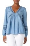 Women's Light Blue Embroidered Denim V-Neck Top