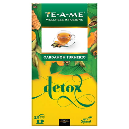 TE-A-ME Detox Cardamom Turmeric Herbal Infusion Tea, 25 Infusion Tea Bags | 100% Natural Ingredients - Ginger, Cinnamon, Cardamom, Orange Peel, Turmeric, Clove, Black Pepper | 100% Caffeine Free TE-A-ME Detox Cardamom Turmeric Herbal Infusion Tea, 25 Infusion Tea Bags | 100% Natural Ingredients - Ginger, Cinnamon, Cardamom, Orange Peel, Turmeric, Clove, Black Pepper | 100% Caffeine Free
