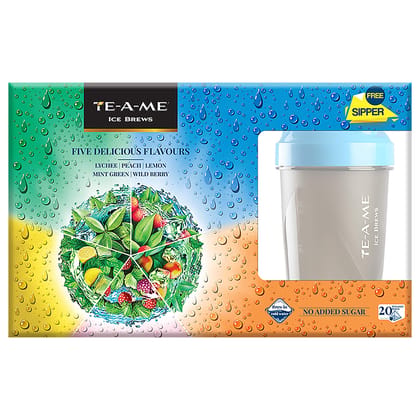 TE-A-ME Assorted Ice Infusion Tea, 5 Delicious Flavour (Mint Green, Lychee, Wild Berry, Peach and Lemon) with Free Sipper, 20 Pyramid Infusion Bags | Ice Brews | Cold Brew | Iced Tea TE-A-ME Assorted Ice Infusion Tea, 5 Delicious Flavour (Mint Green, Lychee, Wild Berry, Peach and Lemon) with Free Sipper, 20 Pyramid Infusion Bags | Ice Brews | Cold Brew | Iced Tea