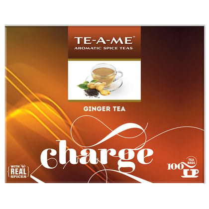 TE-A-ME Charge Ginger (Adrak) Black Tea, 100 Tea Bags - 100% Natural Ingredients - Black Tea and Real Ginger | Strong and Flavourful Ginger(Adhrak) Spice Chai