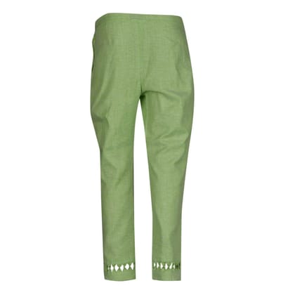 Light Green Cotton Blend Laser Cut Hem Women's Pants