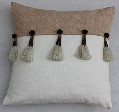 Dekor World Cotton Sulb Tassel Beige Ivory Cushion Cover (Pack of 2) 20x20 inch for Living Room and Bedroom