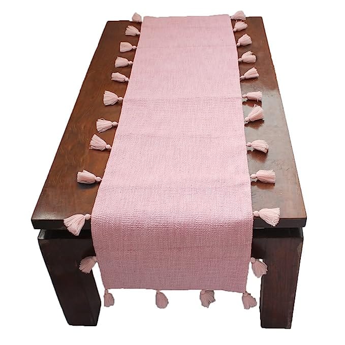 Dekor World 1 Piece Cotton Merit Tassel Collection Table Runner (Moss Green, 33x120 cm or 13x48 Inches or 4 Seater Table)-for Dining Room and Living Room (Pink, 6 Seater (33x180cm))