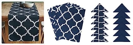 Dekor World Ogee Printed Navy Blue Table Runner with 6 Pcs Place Mat and Napkin (33x180cm/33x47cm/45x45cm) (Pack of 19 Pcs)-6 Seater Dinning & Center Table