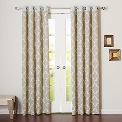 Dekor World Cotton Beige Ogee Printed Eyelet Curtain Set (Pack of 2)-110x150cm (4x5 Feet) Window Curtain