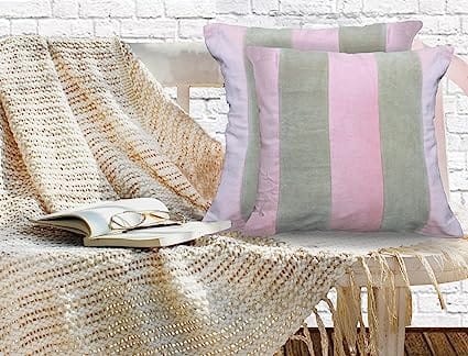 Dekor World 2 Piece Large Cotton Royal Stripe Velvet Collection Cushion Cover (Beige Pink,20x20 inches or 50x50 cm)-for Living Room and Bedroom