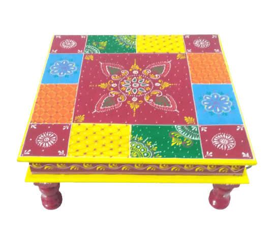 Wooden Embossed Painted Chowki for Home Decor