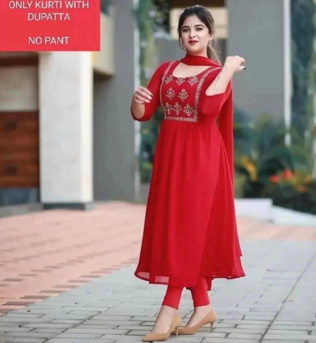 SKYCLOUD PRESENT Women Embroidered Georgette Flared Kurta With Attached Dupatta  (Red-m)