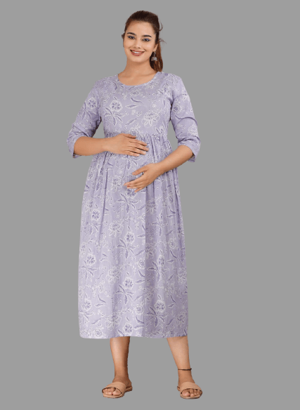 Women's Cotton Rayon A-Line Maternity Feeding purple Kurti with Zippers
