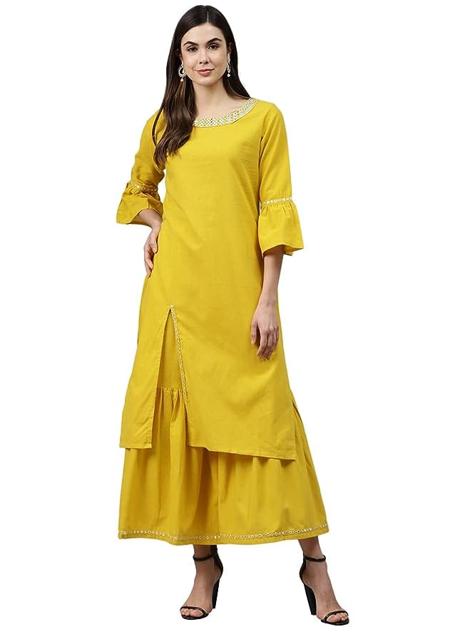 Nesara Yellow Women Cotton Printed Straight Kurta With Sharara