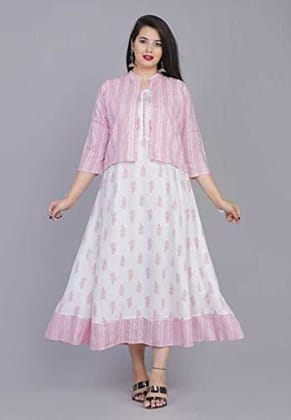 FASHION Women's Rayon Anarkali Kurta with Baby Pink Print Jacket FASHION Women's Rayon Anarkali Kurta with Baby Pink Print Jacket