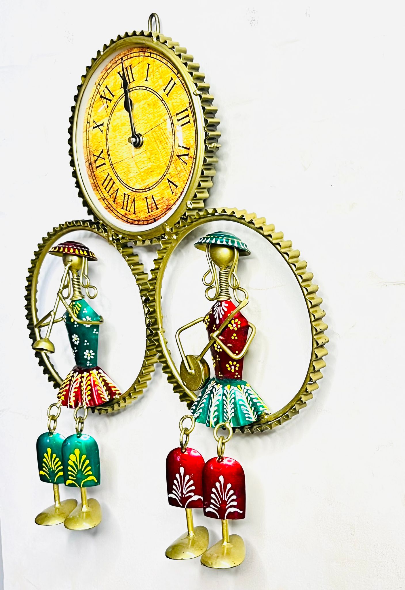 Artistic Metal Wall Clock with Musician Figurines & Decorative Bells for Home Decor