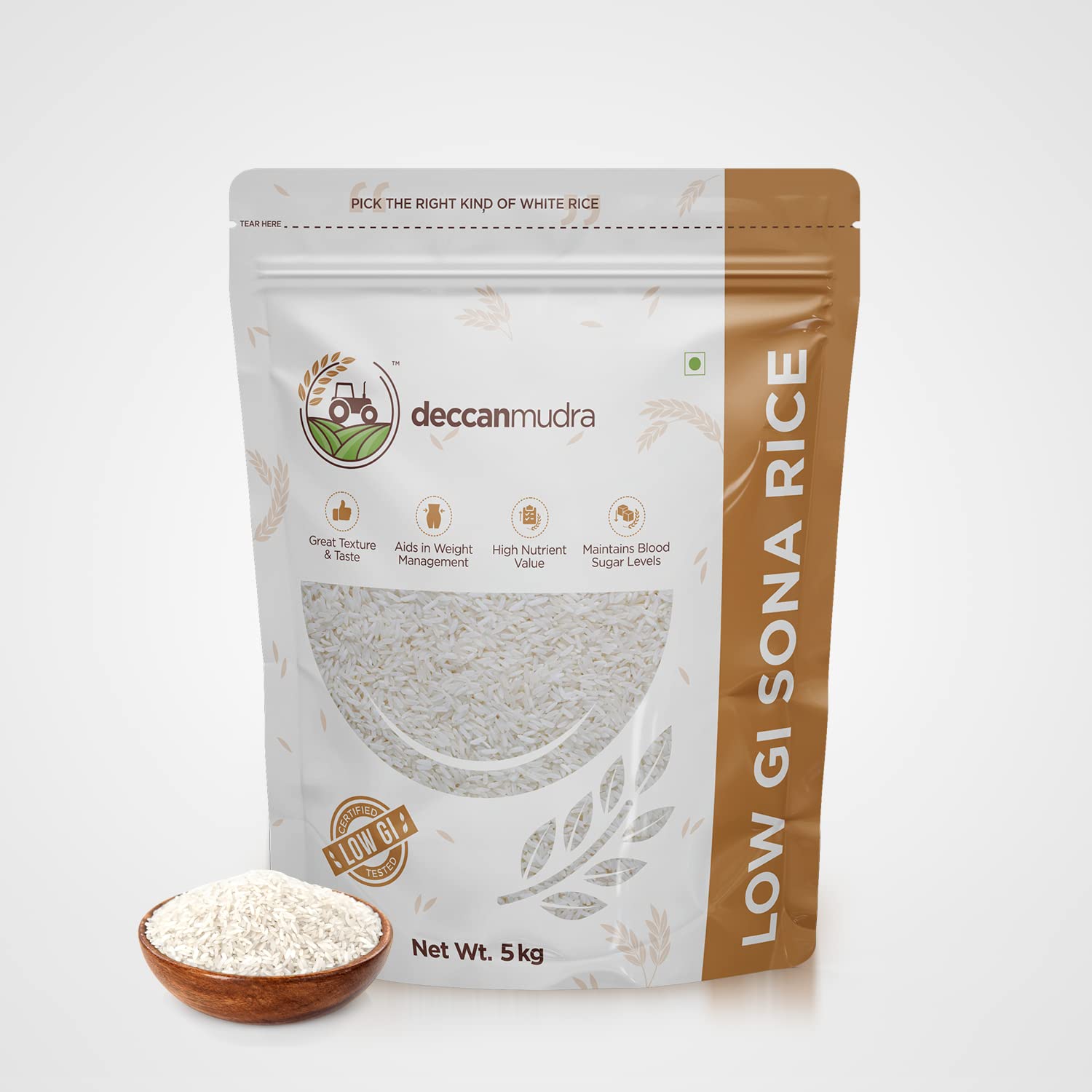 Deccan Mudra Low GI (Glycemic Index) Telangana Sona Rice | Diabetic White Rice | Raw Rice | High Protein | High Fibre - 4.5 kg ( Pack of 1 )