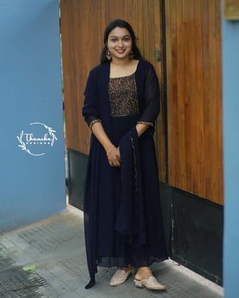 Women's Cotton Floral Print Embroidered Stitched  Blue Stylish Kurti/Kurta Set with Pant & Dupatta