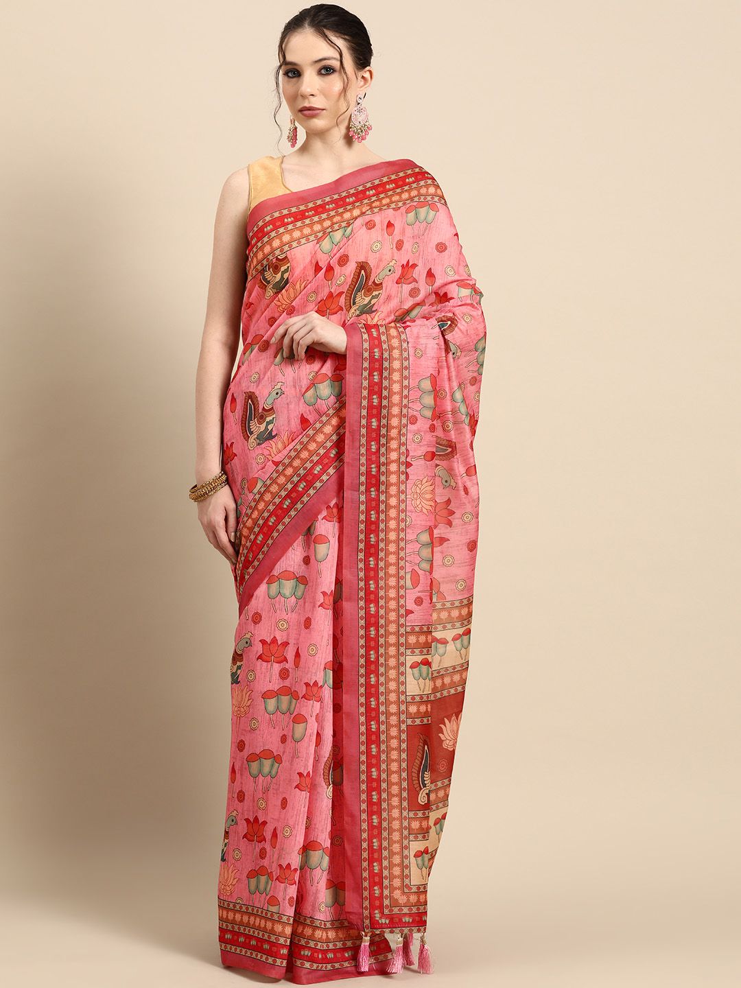Pink Cotton Kalamkari Printed Saree