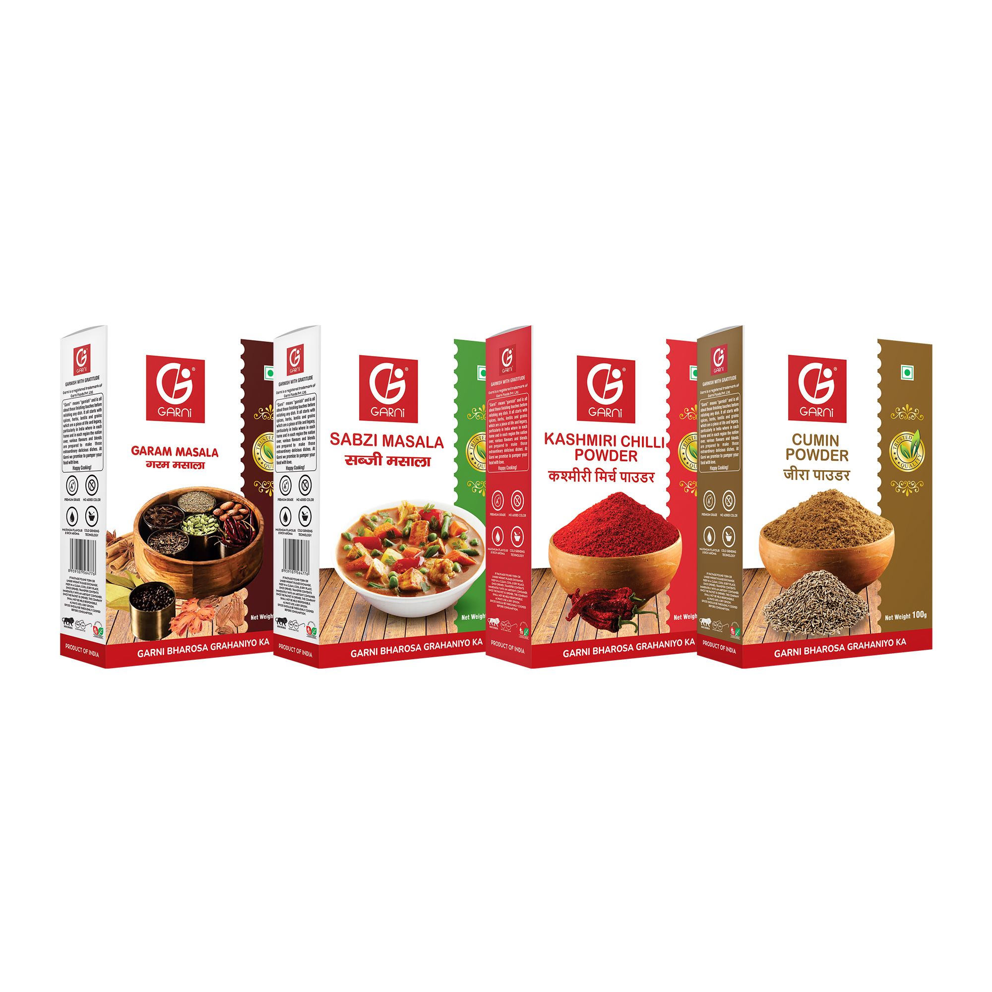 Garni Foods Garam Masala 100g + Sabzi Masala 100g + Kashmiri Chilli Powder + Jeera Powder 100gm Combo Pack of 4 (4 X 100g)