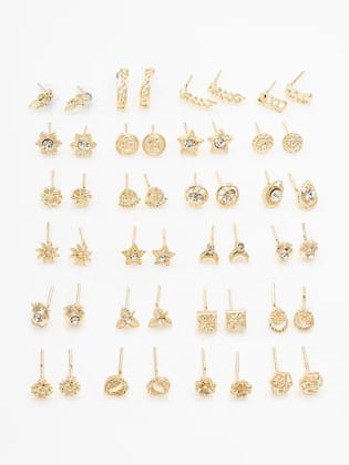Blee19 18k Pack Of 24 Gold Plated Dailywear AD CZ Studded Stud Tops Earrings For Women Blee19 18k Pack Of 24 Gold Plated Dailywear AD CZ Studded Stud Tops Earrings For Women