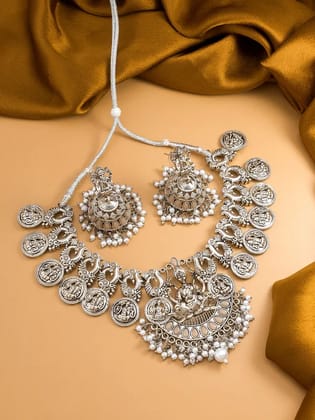 Silver Oxidised Beige Temple Choker Jewelry Set for Women Silver Oxidised Beige Temple Choker Jewelry Set for Women