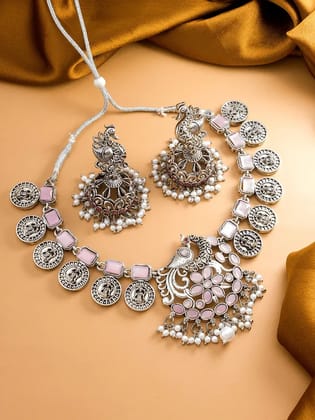 Silver Oxidised Pink Temple Choker Jewelry Set for Women Silver Oxidised Pink Temple Choker Jewelry Set for Women