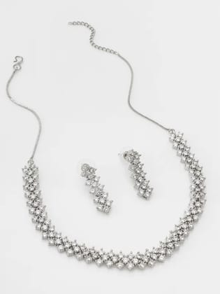 Silver Plated AD Necklace Jewellery Set With Earrings Suited For Party Wedding Festive For Women Silver Plated AD Necklace Jewellery Set With Earrings Suited For Party Wedding Festive For Women