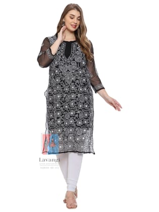Lavangi Women Lucknow Chikankari Black Georgette Kurti with Matching Cotton Inner Lavangi Women Lucknow Chikankari Black Georgette Kurti with Matching Cotton Inner