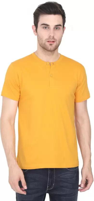 Men Solid Henley Neck Pure Cotton Yellow T-Shirt