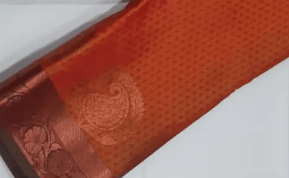 Women Semi Pattu Saree Silk Blend Saree Orange color saree with parrot green color Pallu and blouse Women Semi Pattu Saree Silk Blend Saree Orange color saree with parrot green color Pallu and blouse