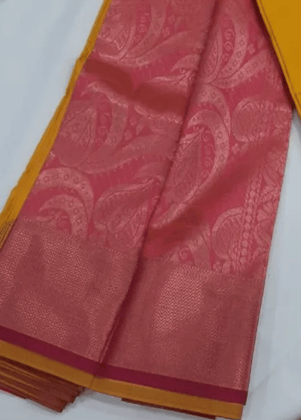 Women Semi Pattu Saree Silk Blend Saree deep yellow color saree with pink color pallu and blouse Women Semi Pattu Saree Silk Blend Saree deep yellow color saree with pink color pallu and blouse