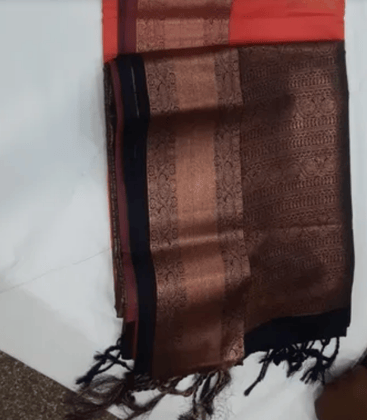 Women Semi Pattu Saree Silk Blend Saree orange color saree with navy blue color pallu and blouse Women Semi Pattu Saree Silk Blend Saree orange color saree with navy blue color pallu and blouse