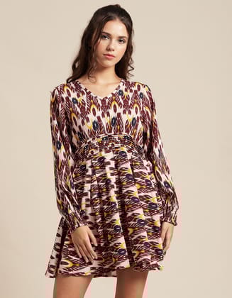 Moomaya Women's Printed Viscose Dress, Balloon Sleeves V-Neck Smocked Waist Short Dress