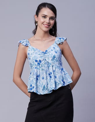 Moomaya Women Printed Ruffled Short Sleeves Top, Sweetheart Neck, Vacation Top