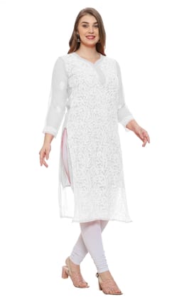 Lavangi Women Lucknow Chikankari White Georgette Kurti with Matching Cotton Inner Lavangi Women Lucknow Chikankari White Georgette Kurti with Matching Cotton Inner