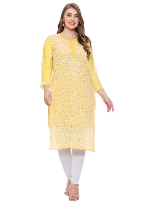Lavangi Women Lucknow Chikankari Yellow Georgette Kurti with Matching Cotton Inner Lavangi Women Lucknow Chikankari Yellow Georgette Kurti with Matching Cotton Inner